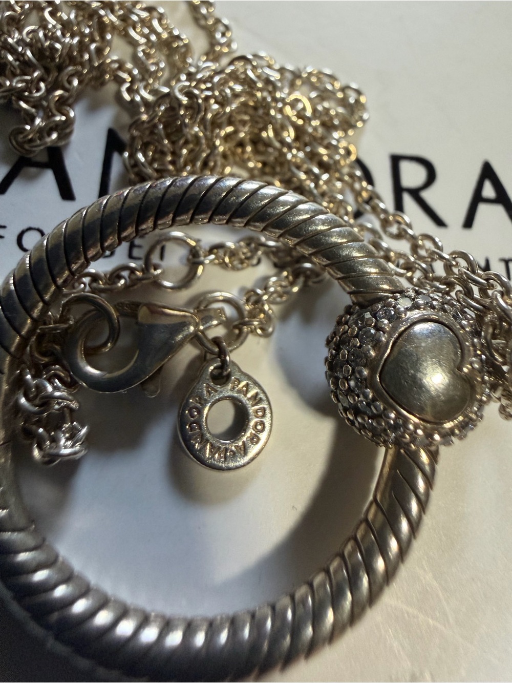 Authentic PANDORA MOMENTS Silver PAVE O CZ pendant Necklace